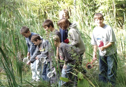 Schulkinder erkunden einen Weiher während eines Naturerlebnisprogramms des Naturparkzentrums Teufelsschlucht in Ernzen , © Felsenland Südeifel Tourismus GmbH