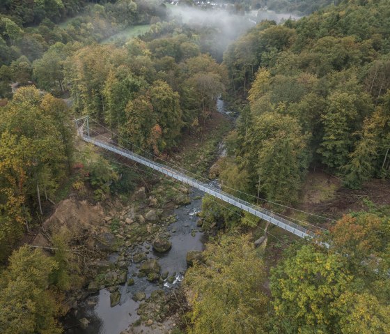 Die Hängebrücke über die Irreler Wasserfälle, den Stromschnellen der Prüm, aus der Vogelperspektive., © Naturpark Südeifel, Thomas Urbany